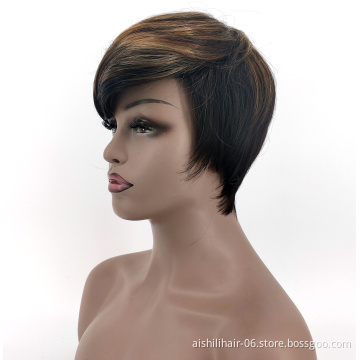 Aishili Short Synthetic Wig with Black Ombre Brown Straight Hair for Women